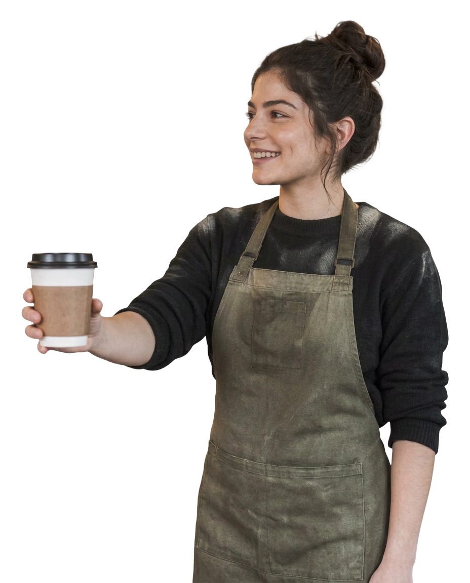 An independent café owner looking toward Funder's message