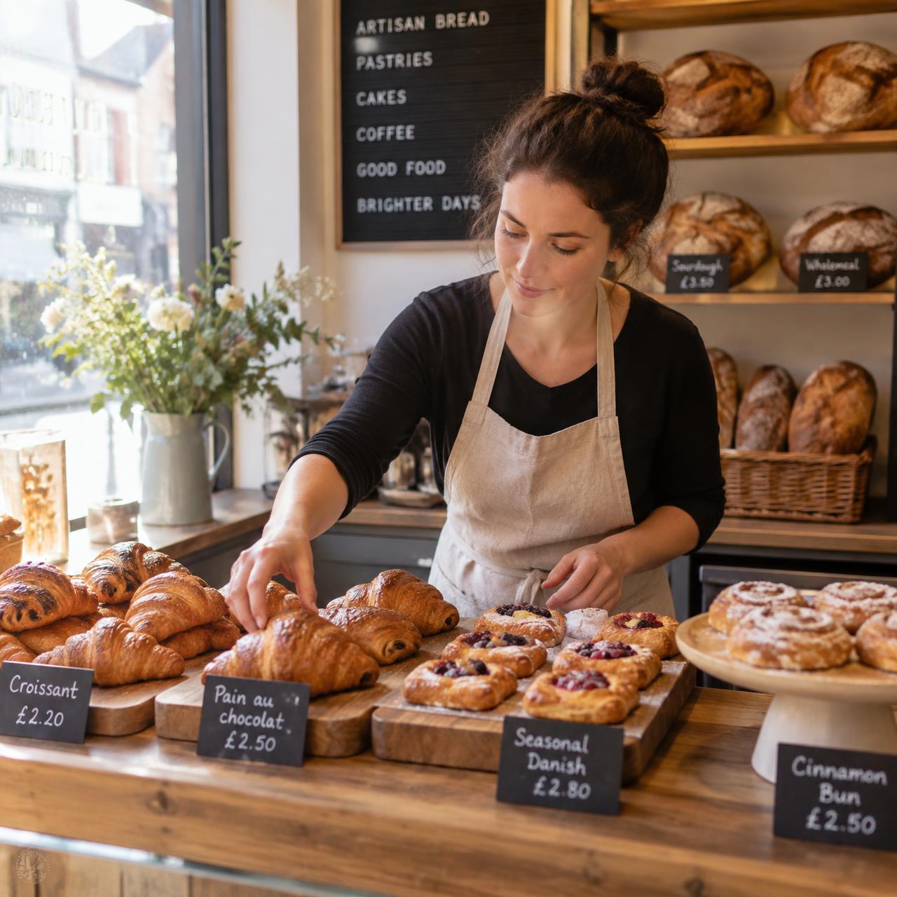 An independent bakery owner preparing pastries